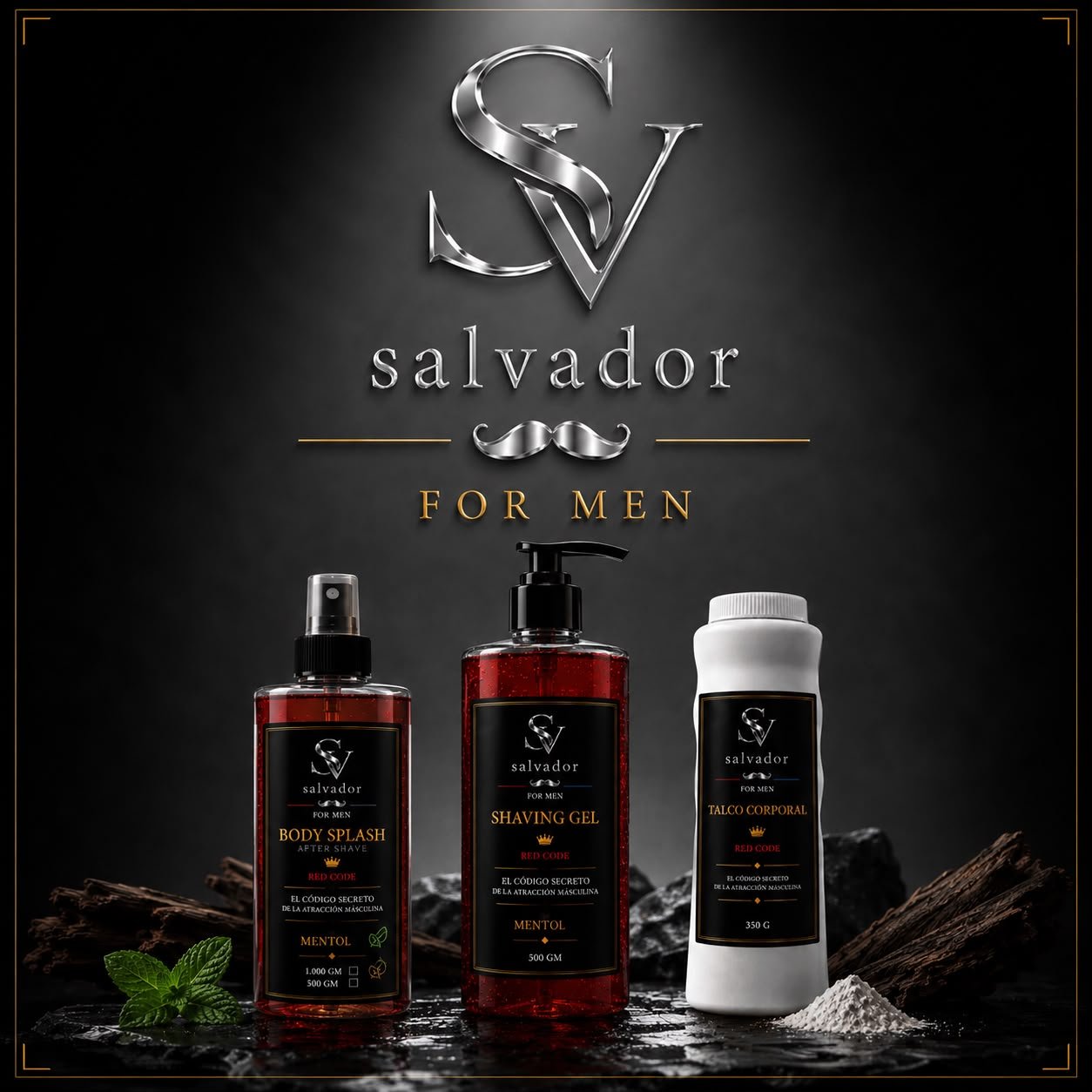 Línea completa Salvador For Men: Body Splash, Shaving Gel y Talco Corporal